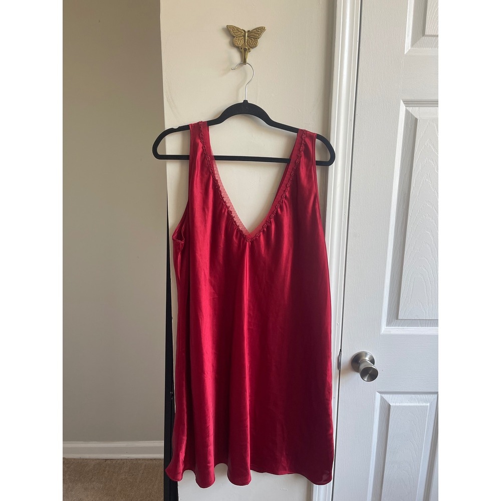 Delicates Red Satin Chemise Nightgown V-Neck Mesh Trim Sleepwear Slip Dress